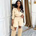 Doyerl PU Faux Leather 2 Pieces Set for Woman Motorcycle Long Sleeve Zip Hooded Cropped Jacket and Shorts Matching Sets Outfits.