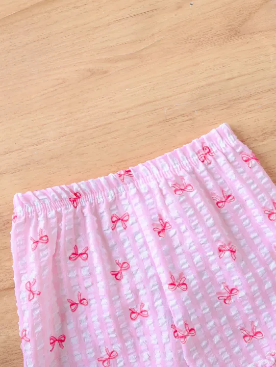 2pcs%20Summer%20Baby%20Girls%20Pink%20Gingham%20Bow%20Print%20Set,%20Ruffle%20Sleeveless%20Top%20+%20Shorts,%20Sweet%20Style,%20Daily/Outdoor%20Wear,%200-36M,%20Breat%20-%20Image%203