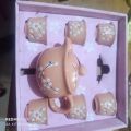 Teapot + 6 Cup Set Dorm Office Tea Set Small Pink Flowers Painted. 