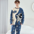 Plus Size Men Pajamas Autumn Winter Long-Sleeved Loose Leisure 2PCS/Set Letters Astronaut Blue O-Neck Soft Casual Sleepwear Xxxl. 