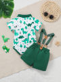 Baby Boy Summer Outfit 2-Piece Set Cartoon Dinosaur Print Polo Short Sleeve Romper with Fashionable Cute Overalls. 