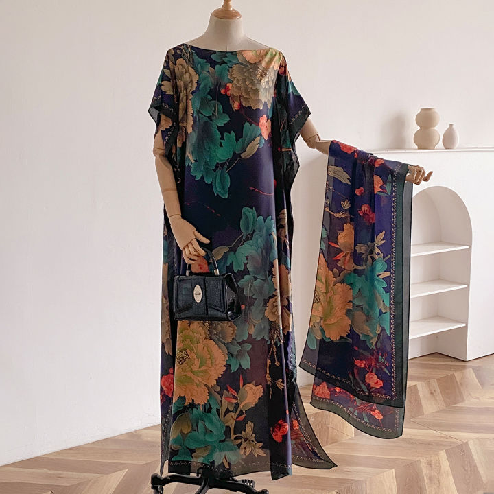 Vorix 2025 New Rayon Fashion Oversize African Women Clothing Dubai Dashiki Abaya Free Size Print Design With Scarf Loose Long Dress