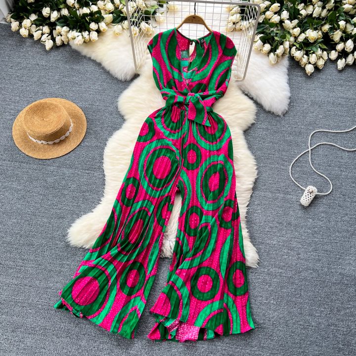 Summer Elegant Women Abstract Print Jumpsuit Chic Streetwear Wide Leg Romper Mujer V Neck Bodycon Sleeveless High Jumps