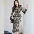 Spring Professional Woman Lace 2 Pieces Set Simple Tops + Vintage High Waist Mermaid Skirt Korean Skirts Suits. 