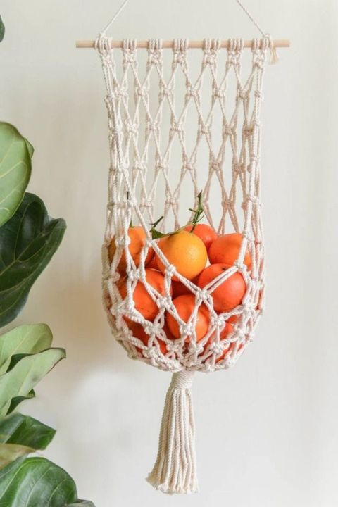 1pc multipurpose Hand Woven Wall Hanging Fruit Basket, Vegetable Basket, Flower Basket, Hanging Food Storage Basket, Bohemian Style Hand-woven Multipurpose Sundries Storage Basket, Household Supplies