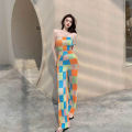 Women high waist wide leg pants fashion strapless plaid shirt two-piece dress cool style color matching exposed navel. 