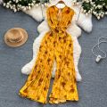 Summer Elegant Women Abstract Print Jumpsuit Chic Streetwear Wide Leg Romper Mujer V Neck Bodycon Sleeveless High Jumps. 