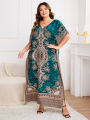 Spring/Summer New plus Size Women's Ethnic Print Vacation Style Wrap Long Robe Elegant Commute Loose Dress. 