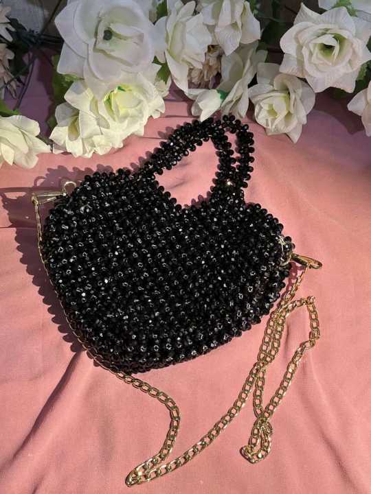 HANDMADE Black Heart Crystal Beaded Bag