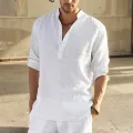 Casual Blouse Loose Men's Shirt Cotton Linen Fashion Stand Collar Pure Long Sleeve Tee Shirt Handsome Fitting Top Men's Wear. 