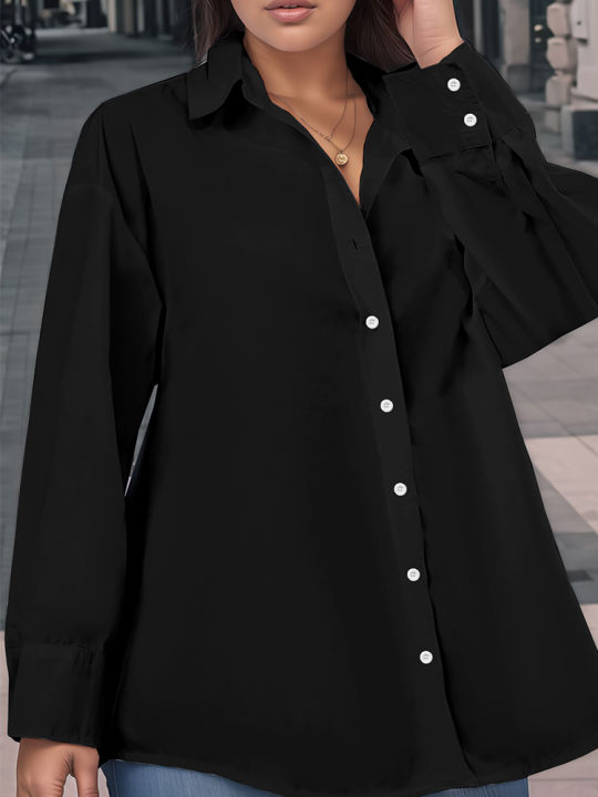 Plus%20Size%20Women's%20Crop%20Top%20Shirt%20Elegant%20Women's%20Tie-Front%20Long-Sleeved%20Shirt%20Solid%20Colour%20Suitable%20for%20Autumn%20-%20Image%203
