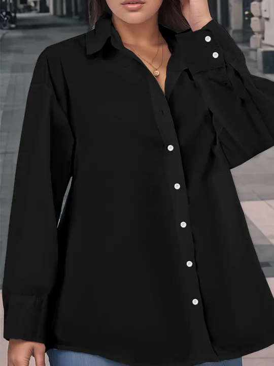 Plus%20Size%20Women's%20Crop%20Top%20Shirt%20Elegant%20Women's%20Tie-Front%20Long-Sleeved%20Shirt%20Solid%20Colour%20Suitable%20for%20Autumn%20-%20Image%203