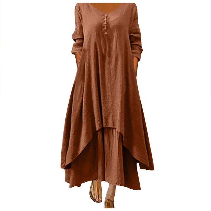 Cotton%20Women'S%20Casual%20Fashion%20Loose%20Long%20Dress%20With%20Button%20Solid%20Color%20Dresses%20-%20Image%203