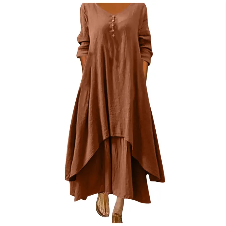 Cotton%20Women'S%20Casual%20Fashion%20Loose%20Long%20Dress%20With%20Button%20Solid%20Color%20Dresses%20-%20Image%203