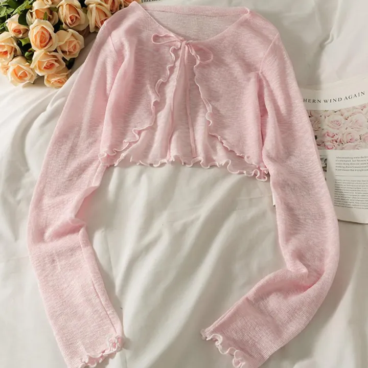 Summer%20Women%20Thin%20Sunscreen%20Cardigan%20Lace-up%20Knitwear%20Tops%20Female%20Korean%20Style%20Lantern%20Sleeve%20Short%20Coat%20Casual%20Sun%20Protected%20-%20Image%203