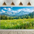 Spring scenery, green grassland, pine trees, forest background, photography, camping, adventure, party background, banner. 