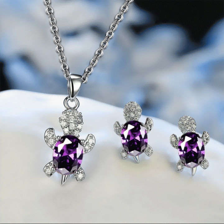 3pcs%20Silver-plated%20Necklace%20Earrings%20Set%20Ladies%20Light%20Luxury%20Fashion%20Style%20Turtle%20Shape%20With%20Multi%20Color%20Glass%20Diamond%20-%20Image%206