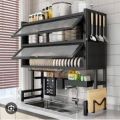 Double door dish rack -3 tier over the sink dish drying rack with flip cover doors multifunctional countertop organizer adjustable metal kitchen rack with drainage cupboard storage (Double door dish rack). 