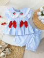Summer Baby Girls 2Pcs Set 9-12M Blue Gingham Cherry Embroidered Ruffle Top & Bloomers  Infant Casual Daily Wear. 