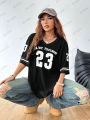 Orange Enjoy Freedom 23 Print T-Shirt For Women Summer New V-Neck Short Sleeve Sports Football Jersey Y2K Loose Oversized Tops. 