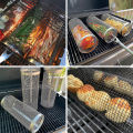 BBQ Basket Stainless Steel Rolling Grilling Basket Wire Mesh Cylinder Grill Basket Portable Round Outdoor Camping Barbecue Rack. 