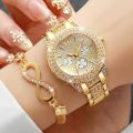 2PCS Luxury Full Diamond Women Watches Bracelet Set Fashion Decorative Three-eyes Ladies Quartz Wristwatch (Without Box). 