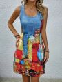 Large size European and American women's top vest printed sleeveless V-neck shirt casual fashion dress. 