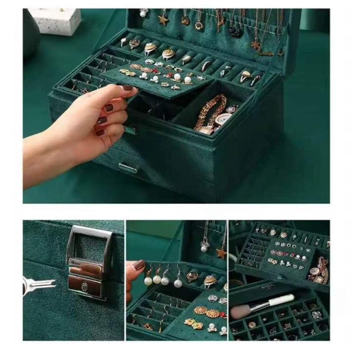 New%203-layers%20Green%20Velvet%20Jewelry%20Organizer%20Large%20Capacity%20Ring%20Necklace%20Makeup%20Holder%20Cases%20%20Jewelry%20Box%20%20for%20Women%20with%20Lock%20-%20Image%204