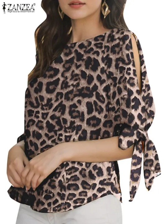 ZANZEA%20Summer%20Leopard%20Printed%20Blouse%20Women%20Elegant%20Half%20Sleeve%20Work%20Shirt%20Fashion%20Lace%20Up%20Holiday%20Tops%20Bohemian%20Stylish%20Blusas%20-%20Image%205