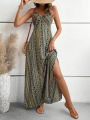 Women's Summer Ethnic Pattern Backless Split Thigh Dress Ladies Summer Clothes Boho Fashion Frill Trim Long Dress for Beach.