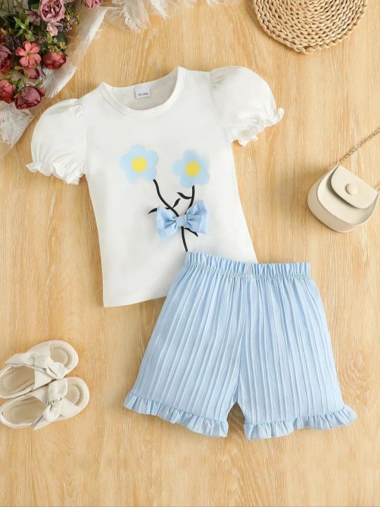 Children%E2%80%99s%202025%20New%20Summer%20Printed%20Bowknot%20Short-sleeve%20T-shirt%20with%20Solid-color%20Shorts%20Fashionable%20and%20Versatile%20Two-piece%20Set%20-%20Image%207