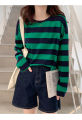 Tzy new long-sleeved T-shirt. cute striped design, comfortable to wear, soft texture, fashion clothes, black/green, black, round neck design.. 