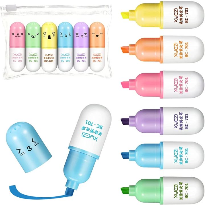 6Pcs Kawaii Mini Pills Highlighter Pen Set Cute Funny Smiling Face