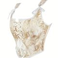 Women's Bow Tie Strap Jacquard Corset Top Front Lace Up Square Neck Cropped Waist Cincher Bustier.