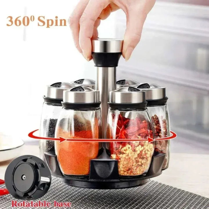 7pcs Spice Jar Set Rack Glass Organizer Rotating Glass Seasoning Sugar ...