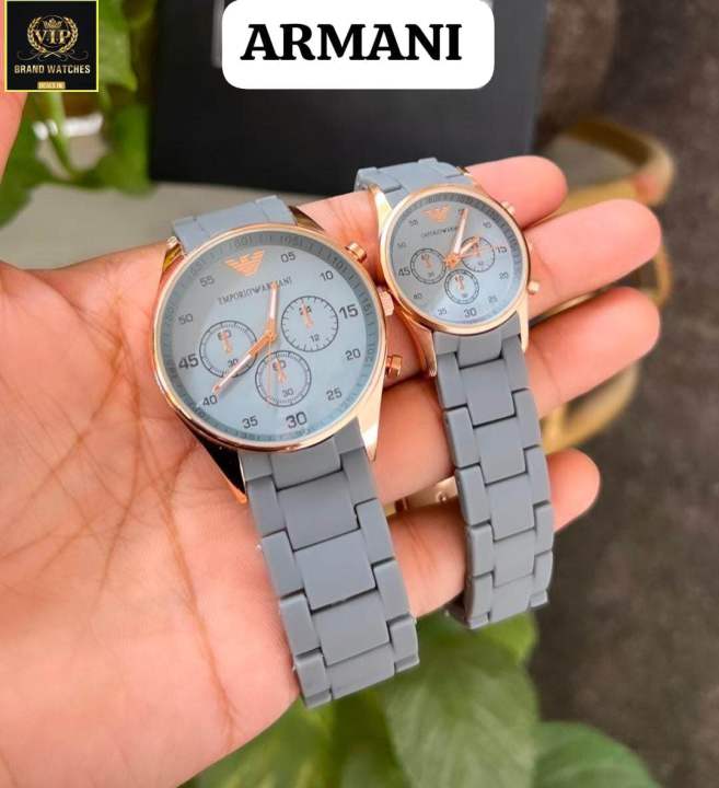Emporio Armani Brown Dial Couple Watch Set – Stylish Silicone Strap Watches for Him & Her