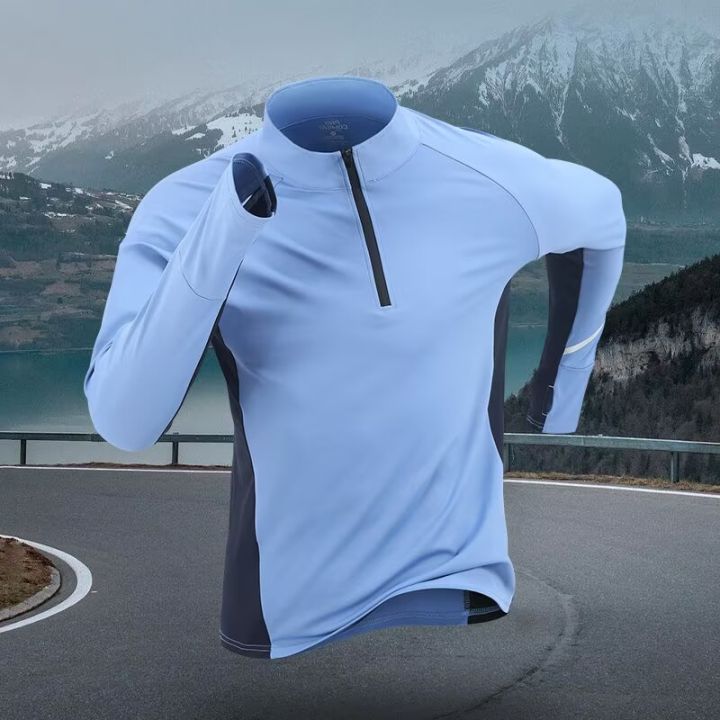 Sports quick drying long sleeved men's 2025 autumn and winter warm running T-shirt with half zipper top for outdoor cycling trai