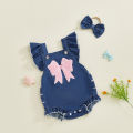Baby Girl 2Pcs Summer Outfits Ruffle Sleeveless Bowknot Embroidery Denim Romper with Headband Set Newborn Clothes. 