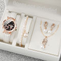 4pcs/set Women's Shiny Rhinestone Quartz Watch Analog PU Leather Wrist Watch  Faux Pearl Jewelry Set Girls Gift（Without Box）. 