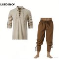 2Pcs Retro Vintage Medieval Renaissance Cosplay Costume Outfits Pirate Viking Halloween Casual Daily LARP Ren Faire Shirt Pants. 
