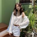Koko. white long-sleeved shirt Korean-style loose chiffon shirt female simple versatile long-sleeved shirt short back sunscreen shirt # w308. 