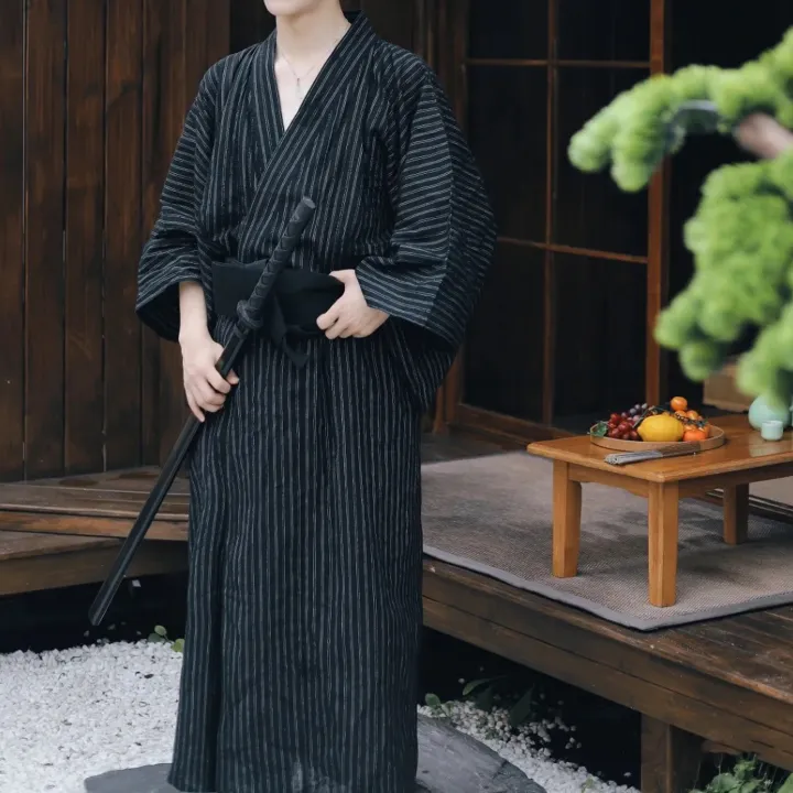 Black%20Summer%20Navy%20Japanese%20Traditional%20Samurai%20Kimono%20For%20Men%20Yukata%20Bathing%20Robe%20Hekoobi%20Loose%20Style%20Homewear%20Long%20Gown%20Cotton%20-%20Image%206