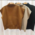 Fashion Vest Shirt Solid Stand-up Collar Knitted Sweater Short Sleeve Office Lady Loose Elegant  All-Match Straight Tops 20397. 