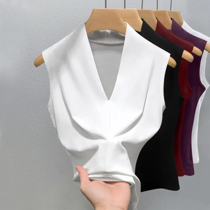 Summer%20Women's%20V-neck%20Sleeveless%20Vest%20Slim%20Fit%20Outerwear%20for%20Girls%20Solid%20Color%20%20Fashionable,%20Casual,%20Breathable%20Base%20T-shirt%20-%20Image%204