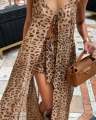Summer 2025  Women's Beach Vacation Dress Set Chiffon Print Halter Long Dress Loose Leopard Print Shorts Dress Suit. 