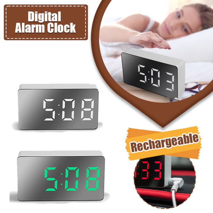 Digital Alarm Clock LED Mirror Table Clock Snooze Display Time Night