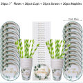 Eucalyptus Leaves Disposable Tableware Set Green Leaf Paper Plates Cup Napkin Tablecloth Girl Boy Birthday Party Decoration. 