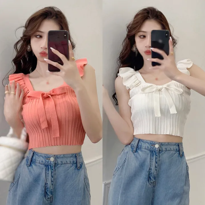 Korean Version Square Neck Bow Tie Slim Fitting Vest With Fashionable Exposed Navel And Sweet Versatile Knitted Sleeveless Vest