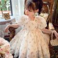 1-8 Years Old Summer Full Print Rose Flower Lace Girls Dress Big Bow Pearl decoration Princess Party Dress For Kids. 