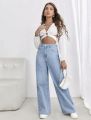 Women's Cloudy Blue High Waist Wide Leg Baggy Jeans, Light Wash Denim, Casual Loose Fit. 